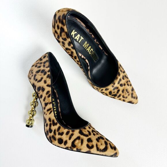 KAT MACONIE Lydia Leopard Pointed Toe Pumps Size 5 Gold Chain Heels Black Brown - Picture 1 of 16